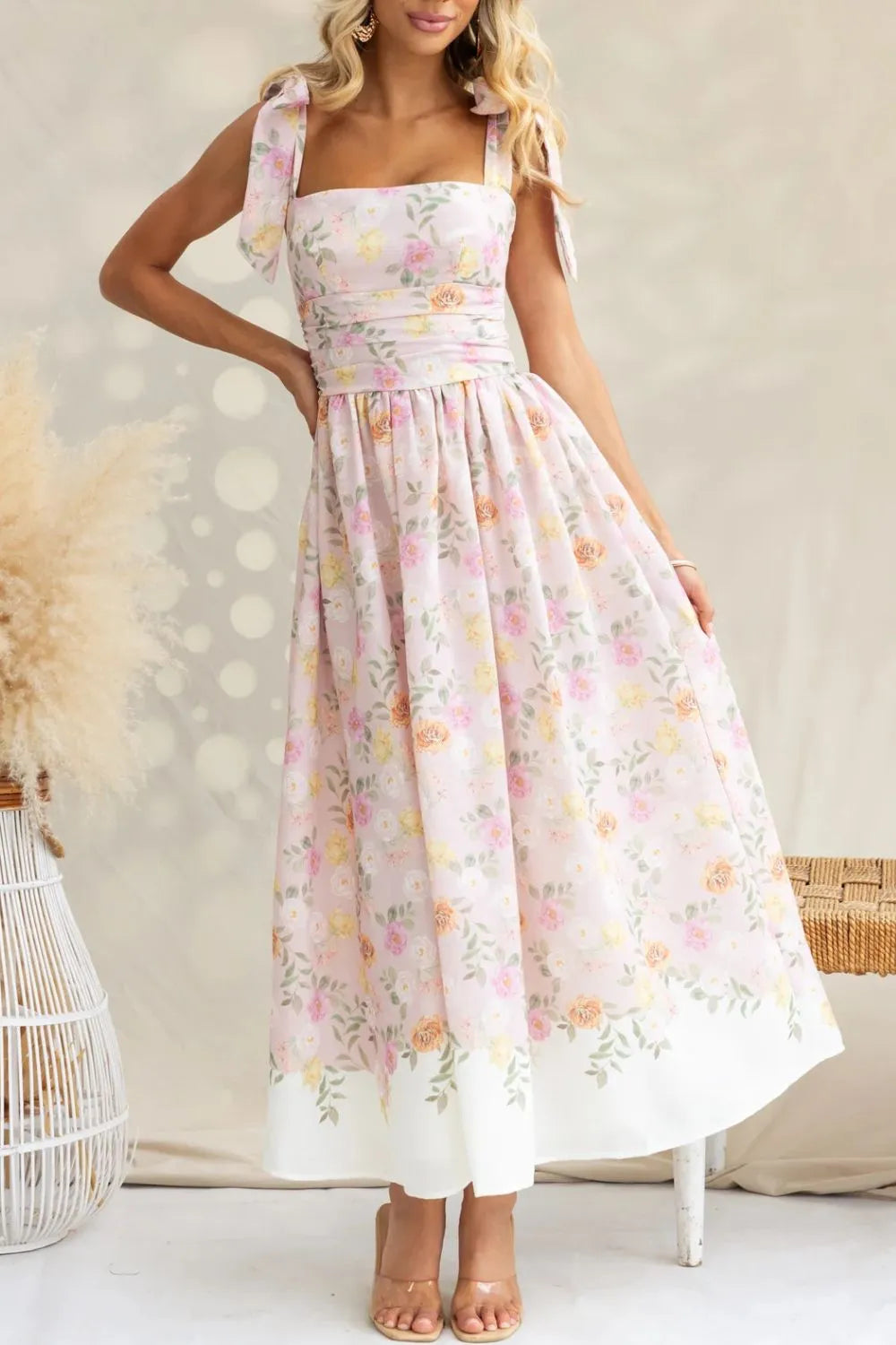 Printed Tie Shoulder Midi Cami Dress - WYNFLARE