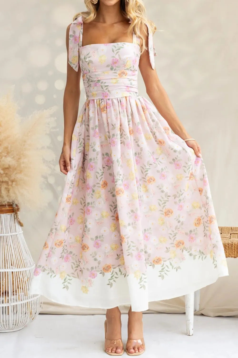 Printed Tie Shoulder Midi Cami Dress - WYNFLARE