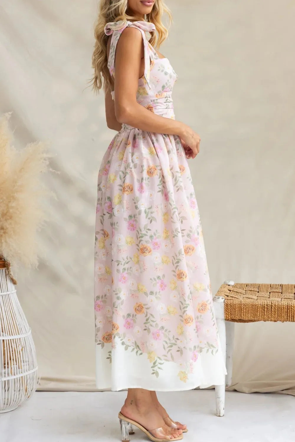 Printed Tie Shoulder Midi Cami Dress - WYNFLARE