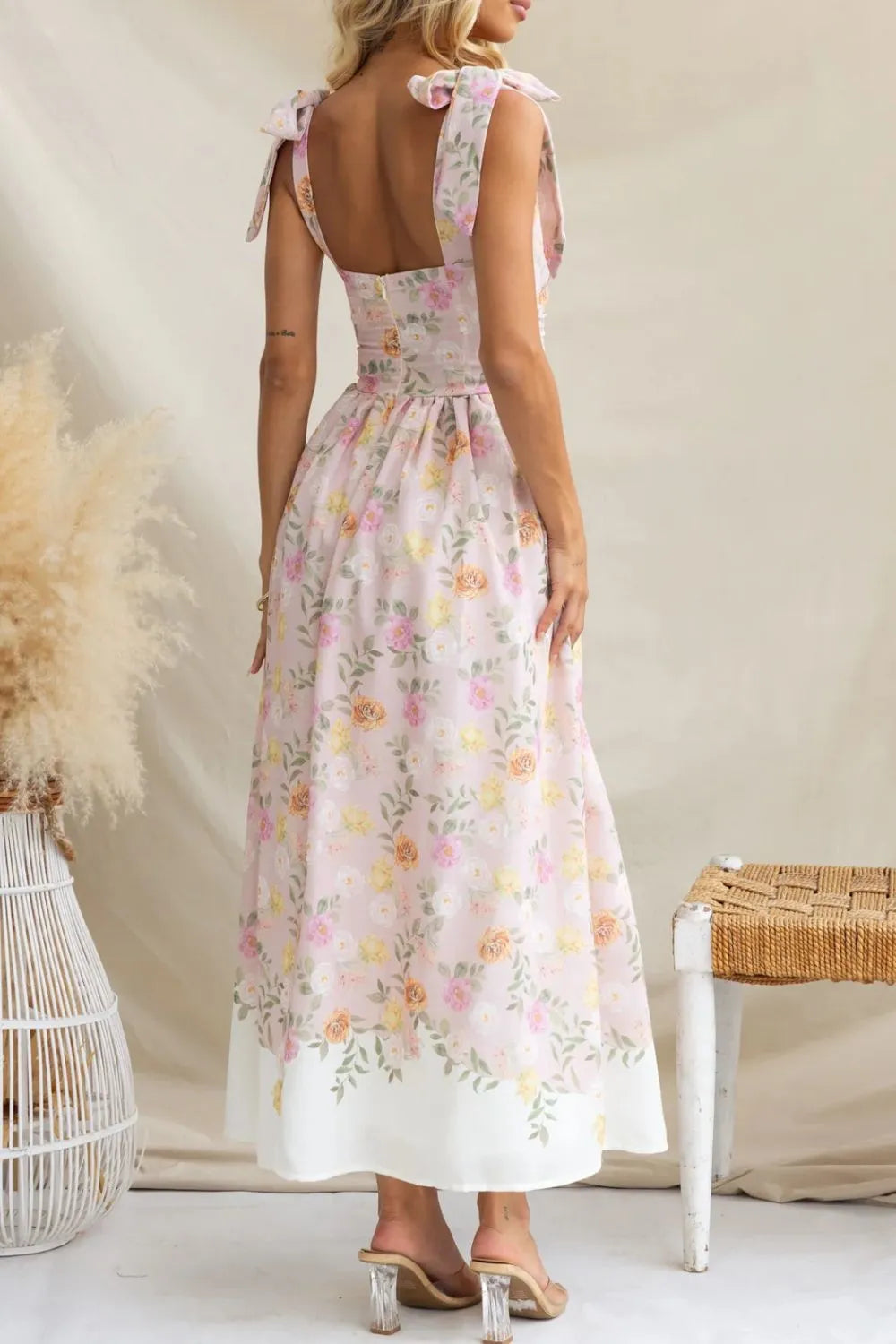 Printed Tie Shoulder Midi Cami Dress - WYNFLARE