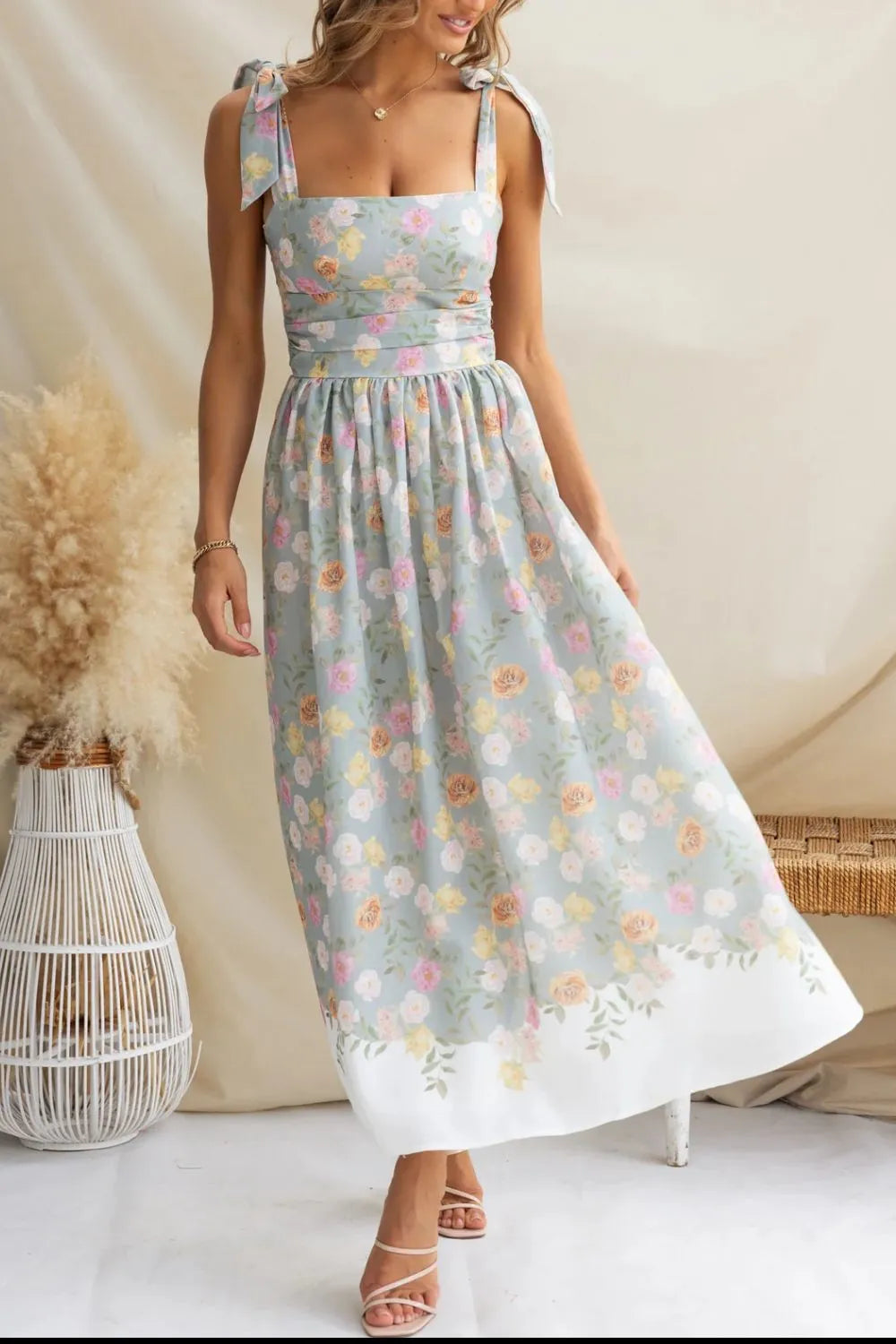 Printed Tie Shoulder Midi Cami Dress - WYNFLARE