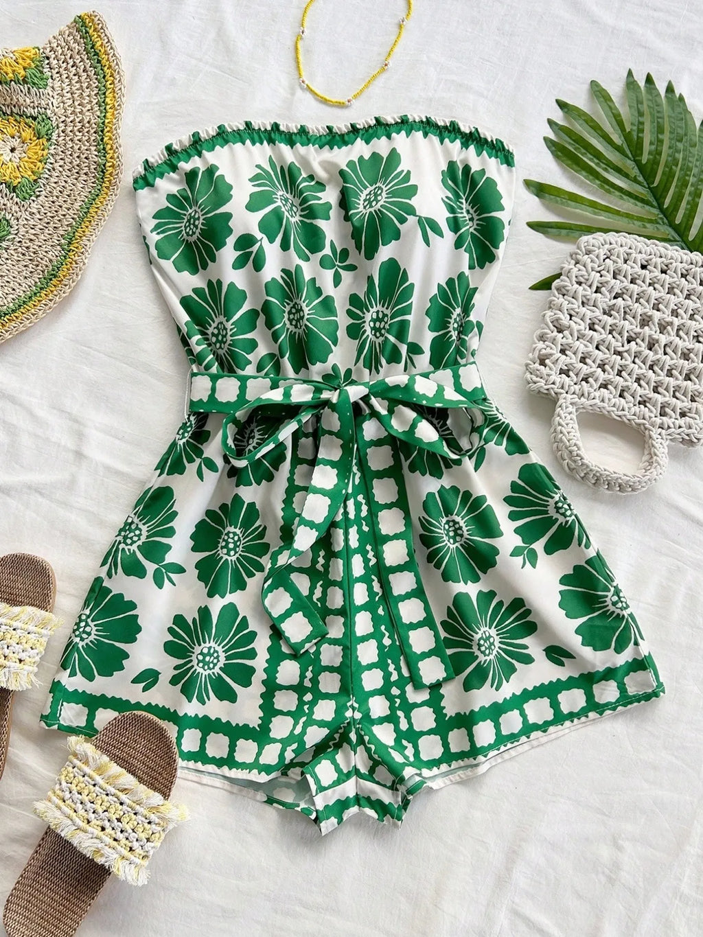 Printed Tube Tie Waist Romper - WYNFLARE