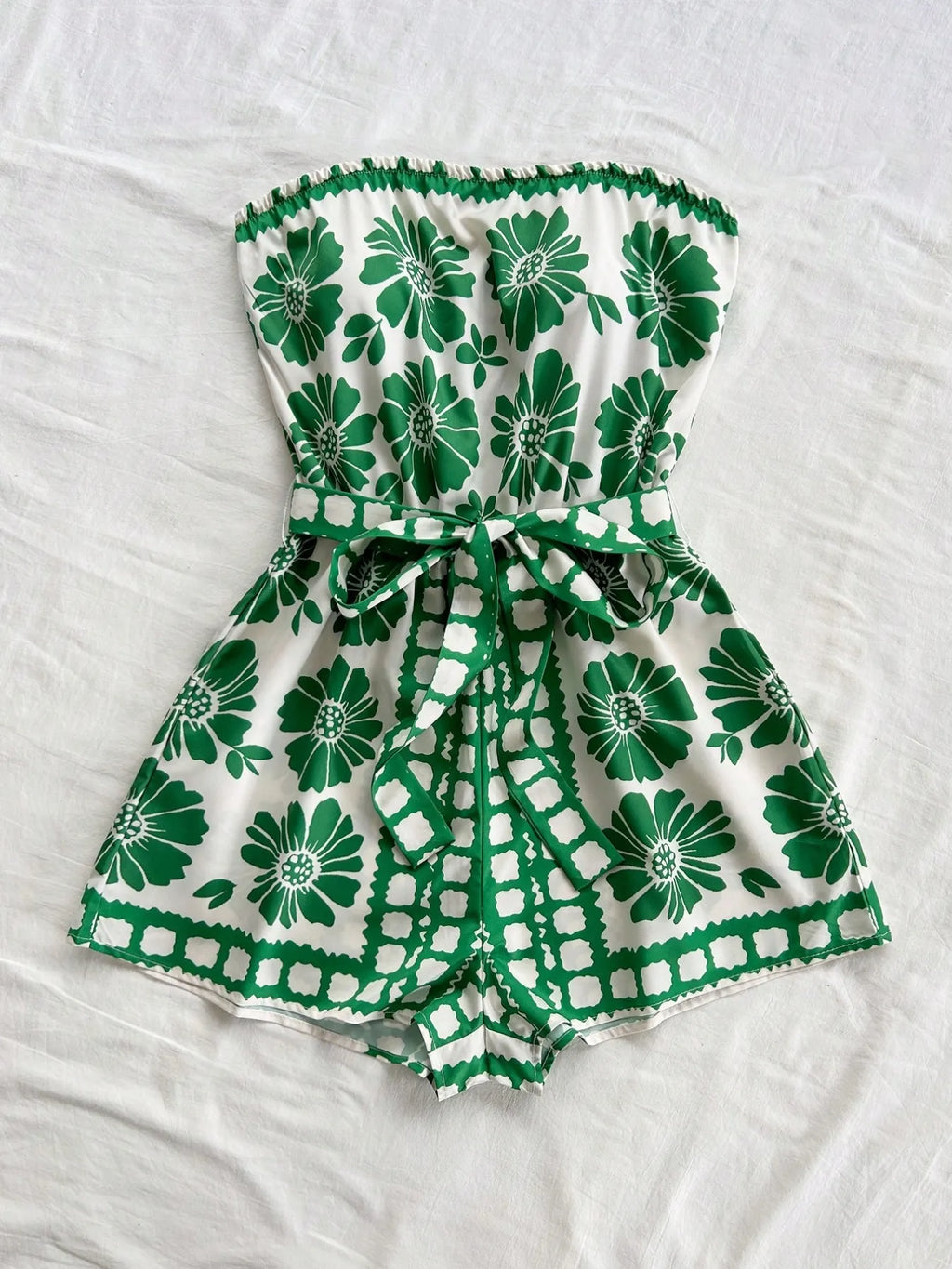 Printed Tube Tie Waist Romper - WYNFLARE