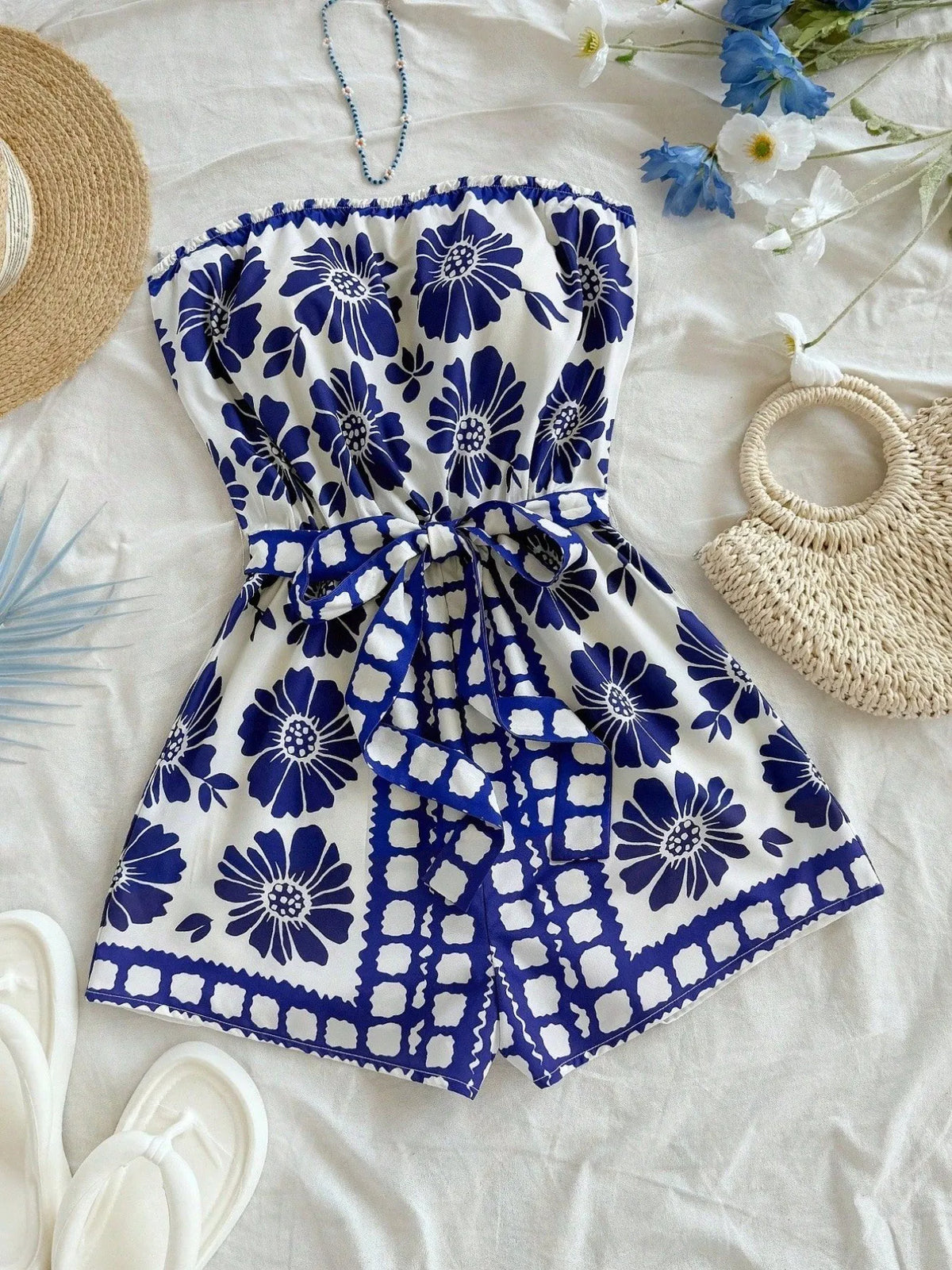 Printed Tube Tie Waist Romper - WYNFLARE