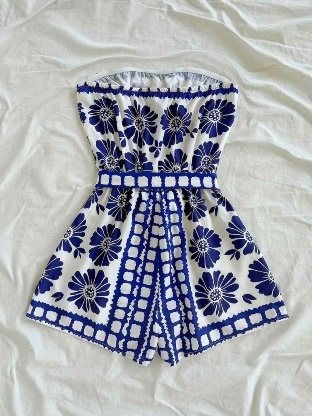 Printed Tube Tie Waist Romper - WYNFLARE