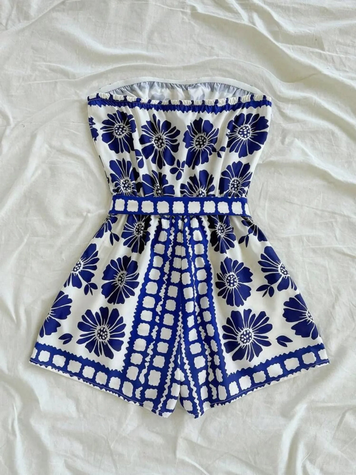Printed Tube Tie Waist Romper - WYNFLARE