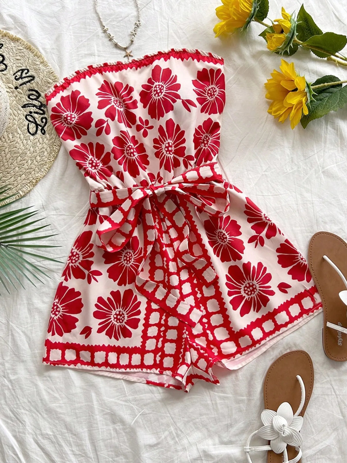 Printed Tube Tie Waist Romper - WYNFLARE