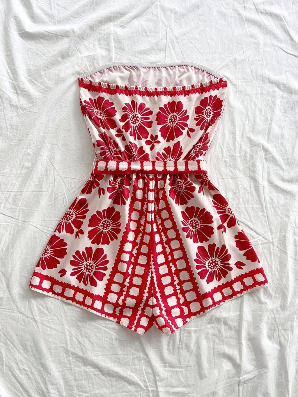 Printed Tube Tie Waist Romper - WYNFLARE