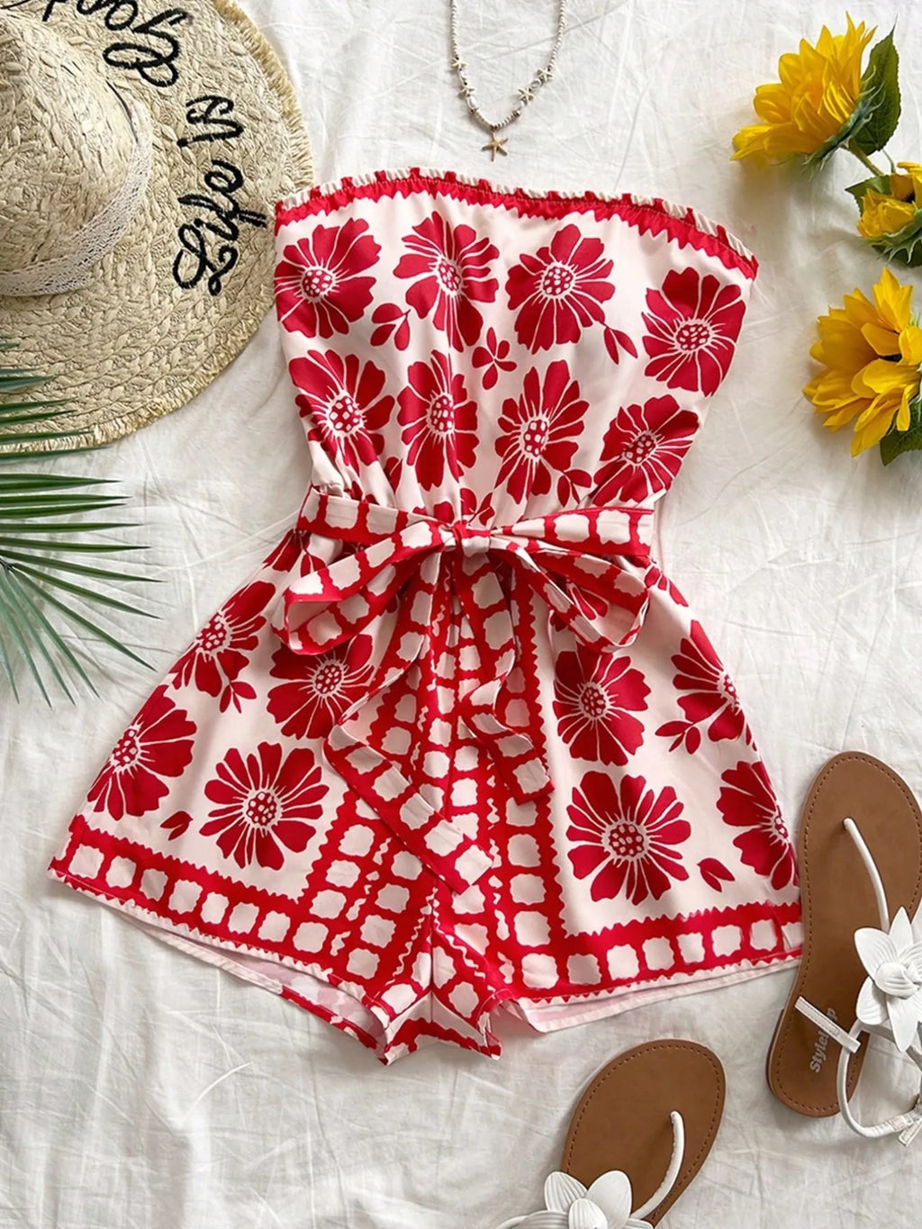 Printed Tube Tie Waist Romper - WYNFLARE