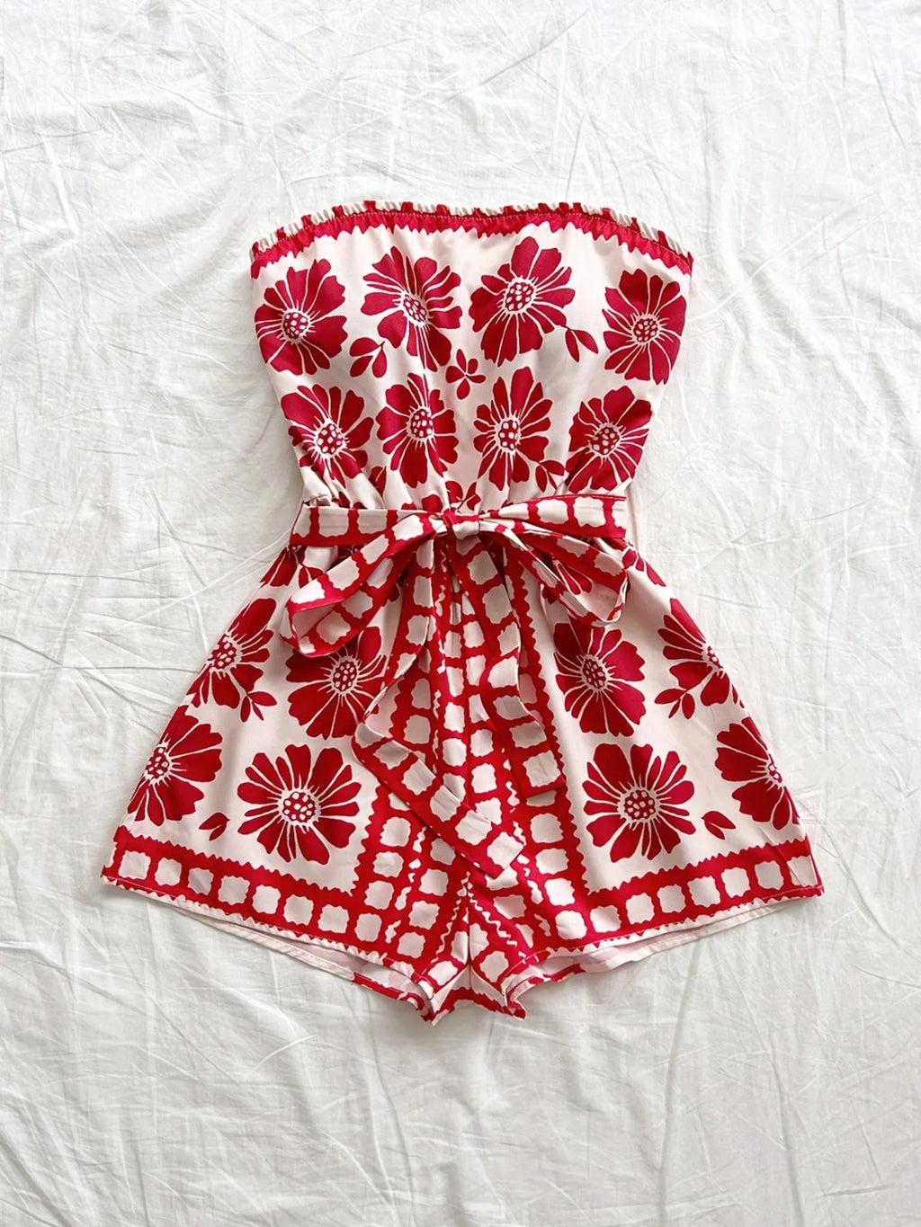 Printed Tube Tie Waist Romper - WYNFLARE