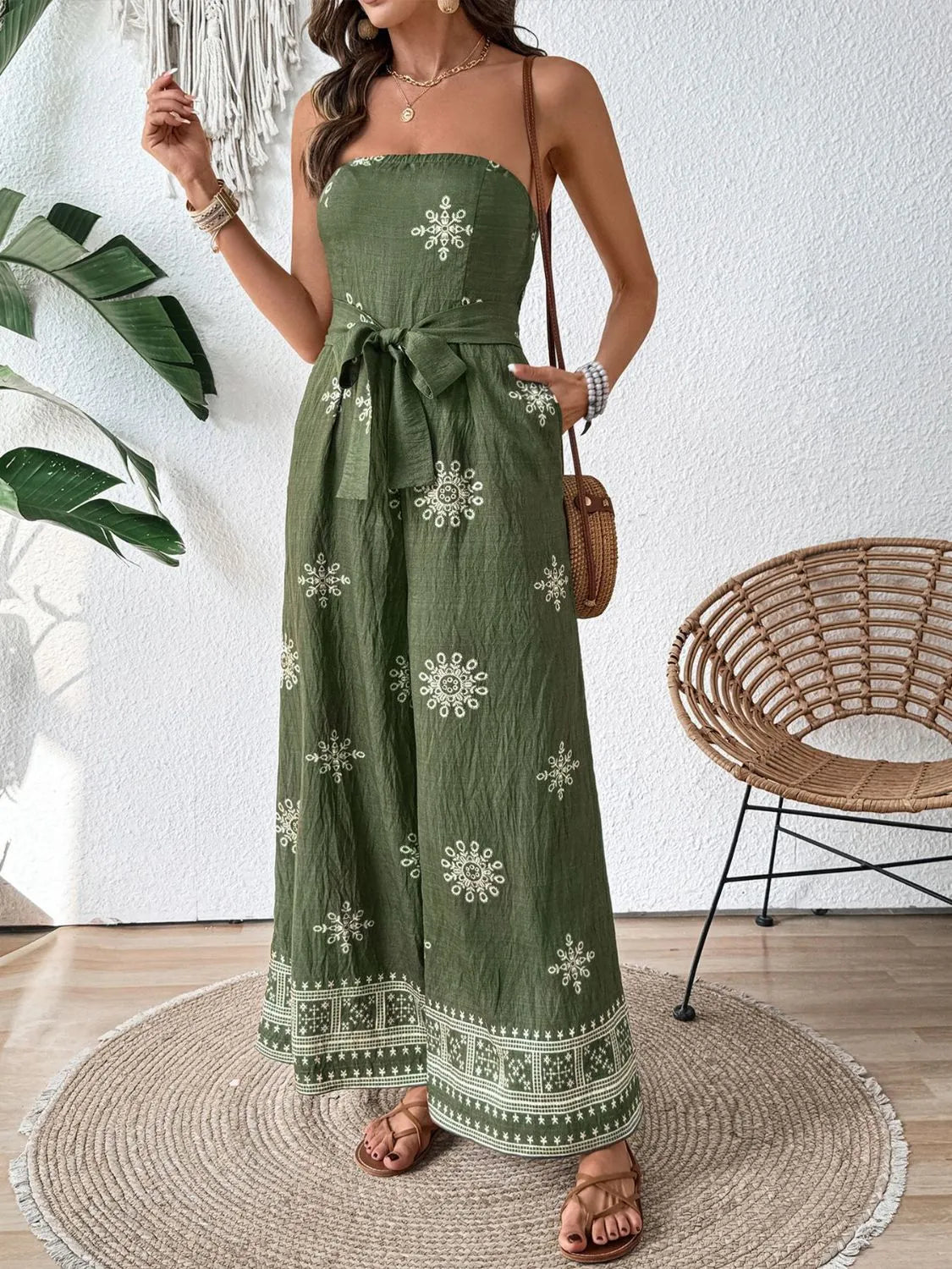 Printed Wide Leg Tube Jumpsuit - WYNFLARE