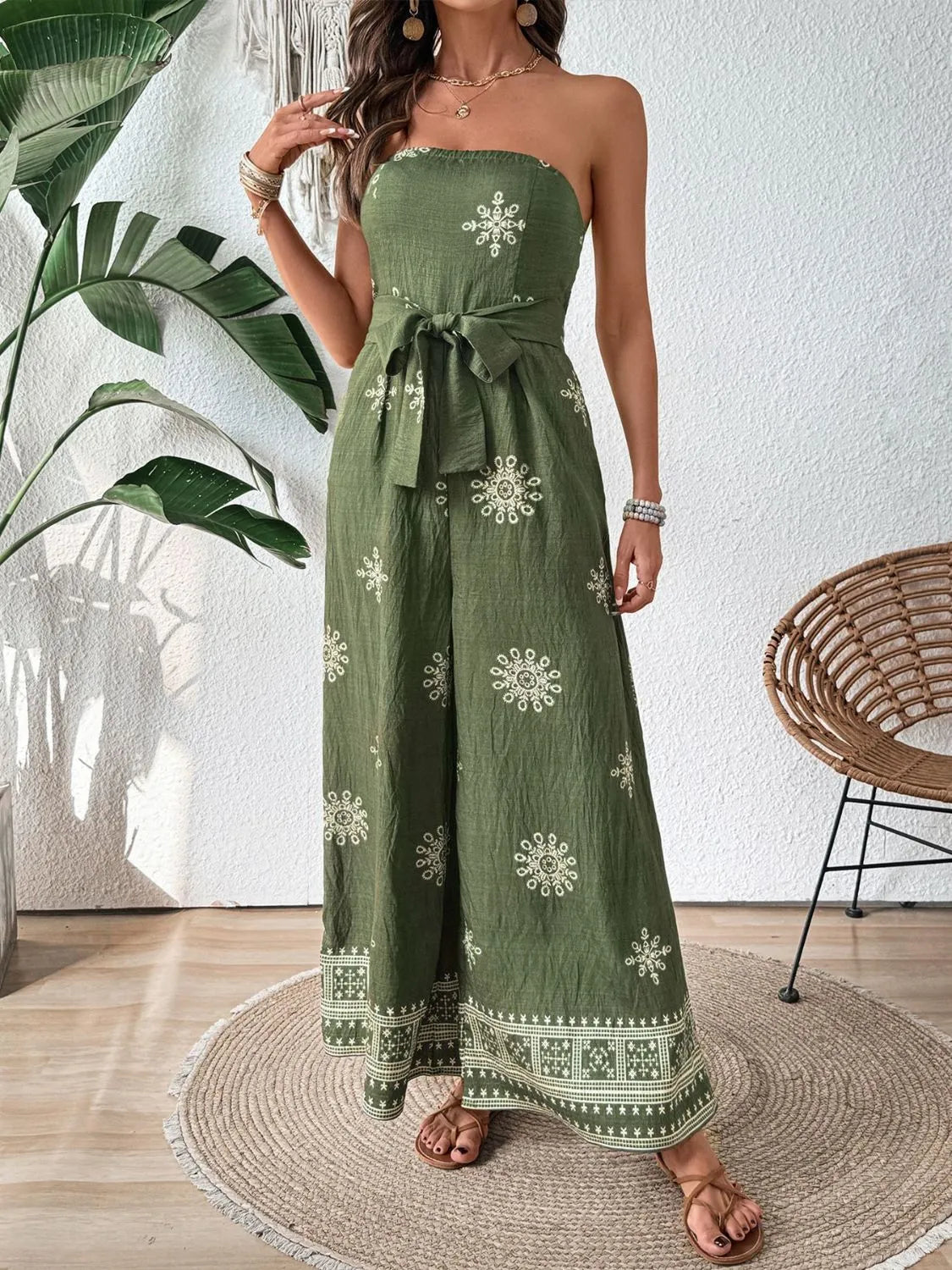 Printed Wide Leg Tube Jumpsuit - WYNFLARE