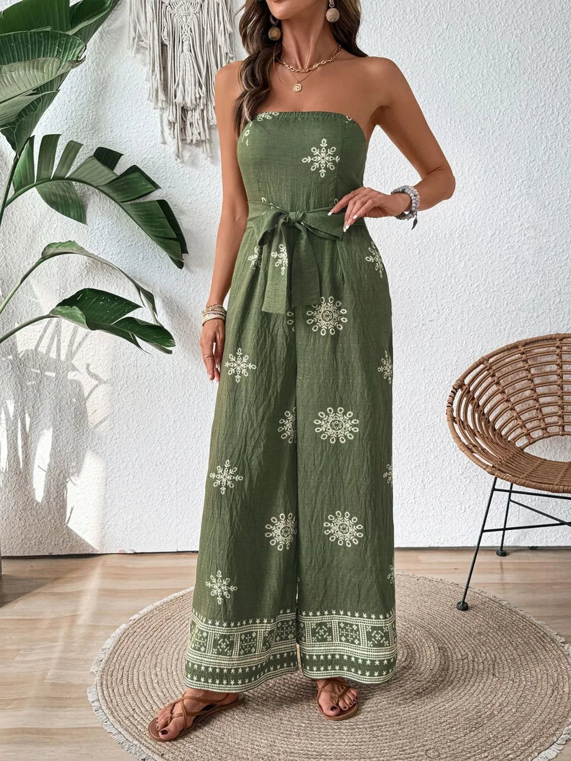 Printed Wide Leg Tube Jumpsuit - WYNFLARE