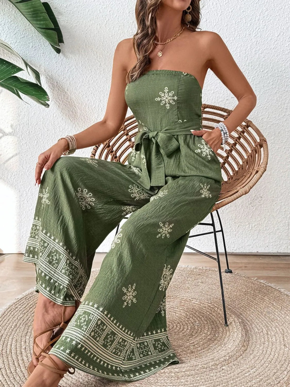 Printed Wide Leg Tube Jumpsuit - WYNFLARE