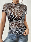 Psychedelic Wave Print Mock Neck T-Shirt - WYNFLARE