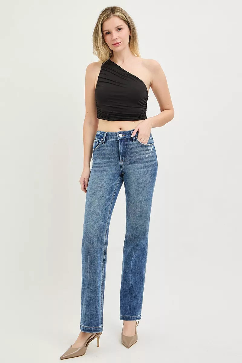 RISEN Tummy Control 4way Stretch Mid Rise Straight Crease Line - WYNFLARE