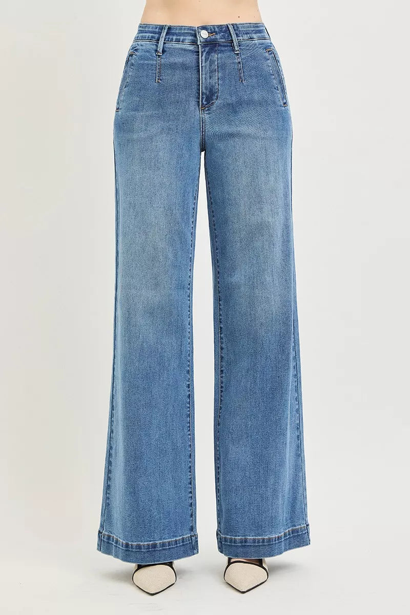 RISEN Tummy Control Elastic Band High Rise Wide Jeans - WYNFLARE