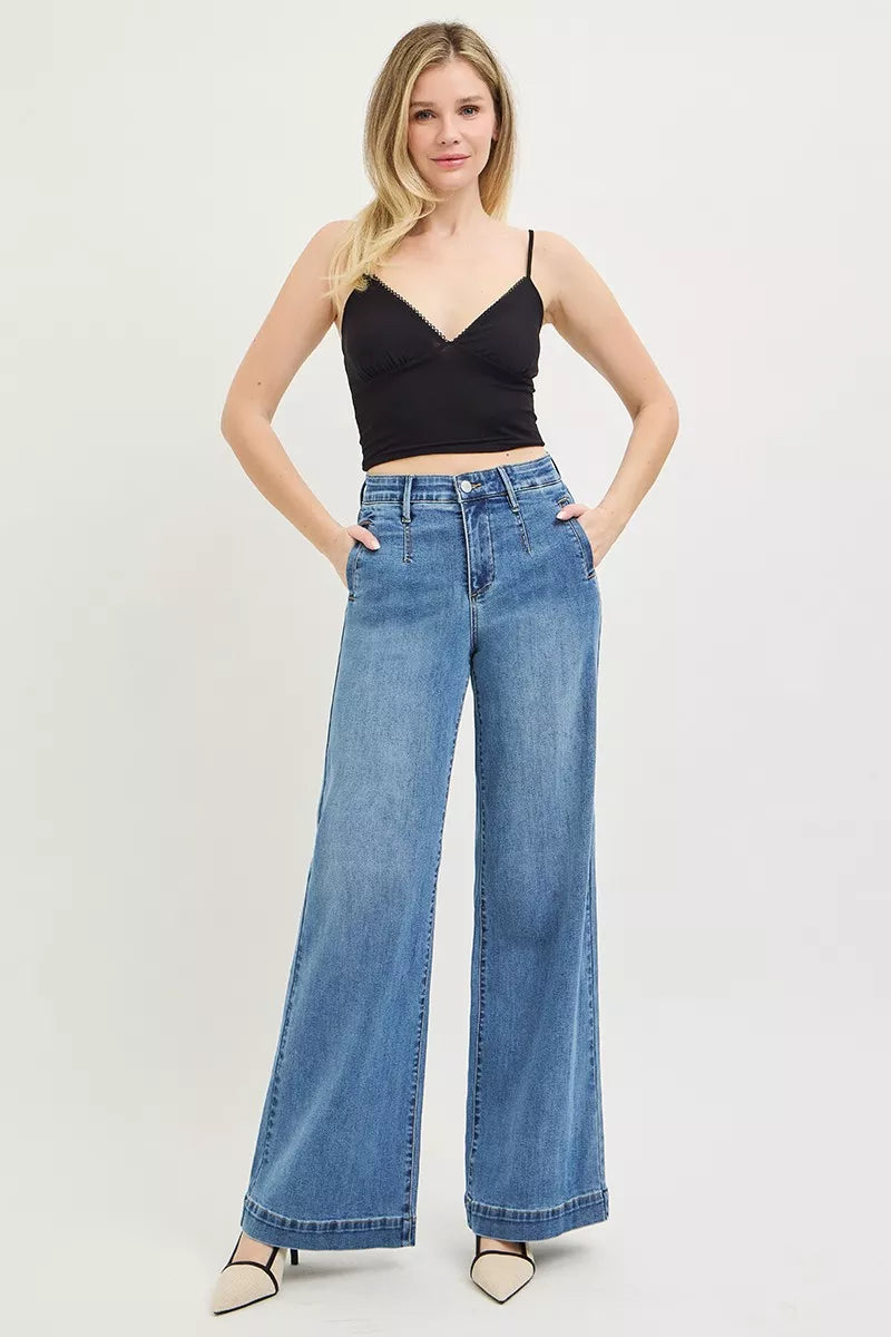 RISEN Tummy Control Elastic Band High Rise Wide Jeans - WYNFLARE