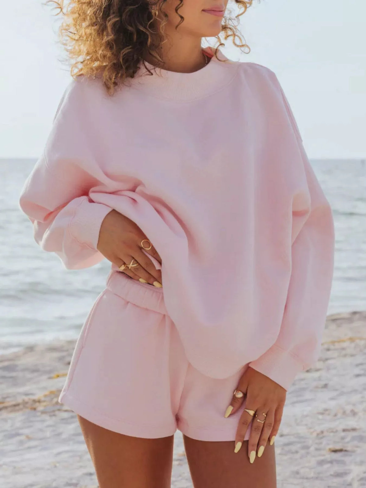 Relaxed Fit Round Neck Sweatshirt and Shorts Set - WYNFLARE