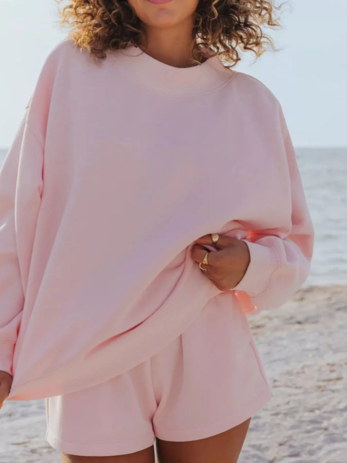 Relaxed Fit Round Neck Sweatshirt and Shorts Set - WYNFLARE