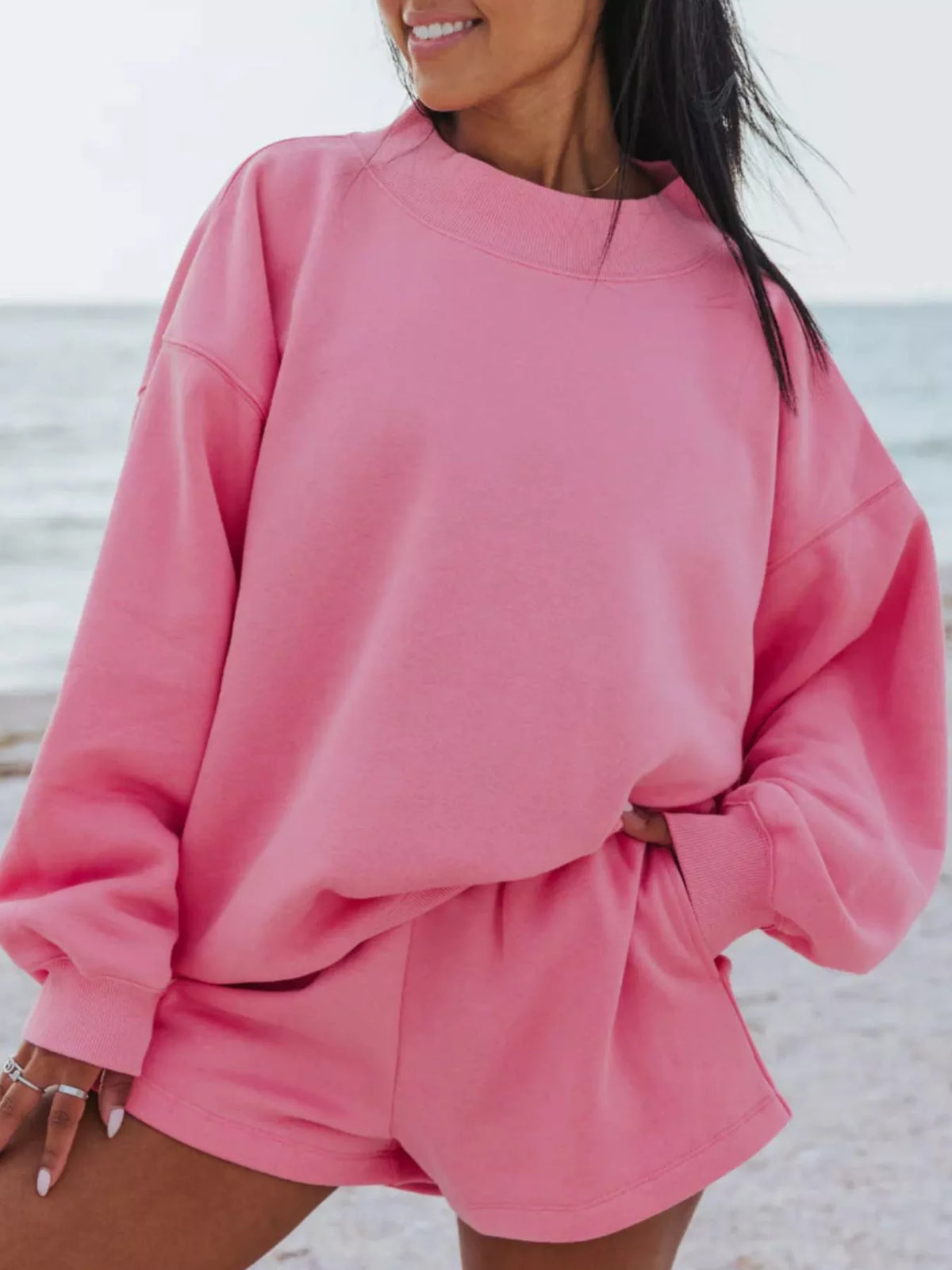 Relaxed Fit Round Neck Sweatshirt and Shorts Set - WYNFLARE