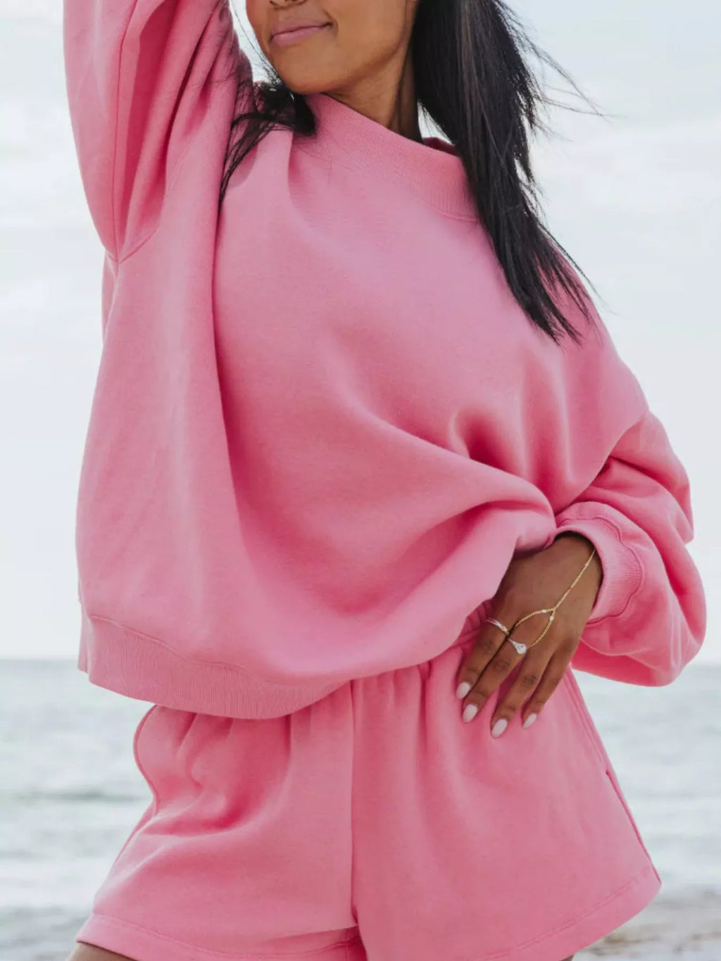 Relaxed Fit Round Neck Sweatshirt and Shorts Set - WYNFLARE