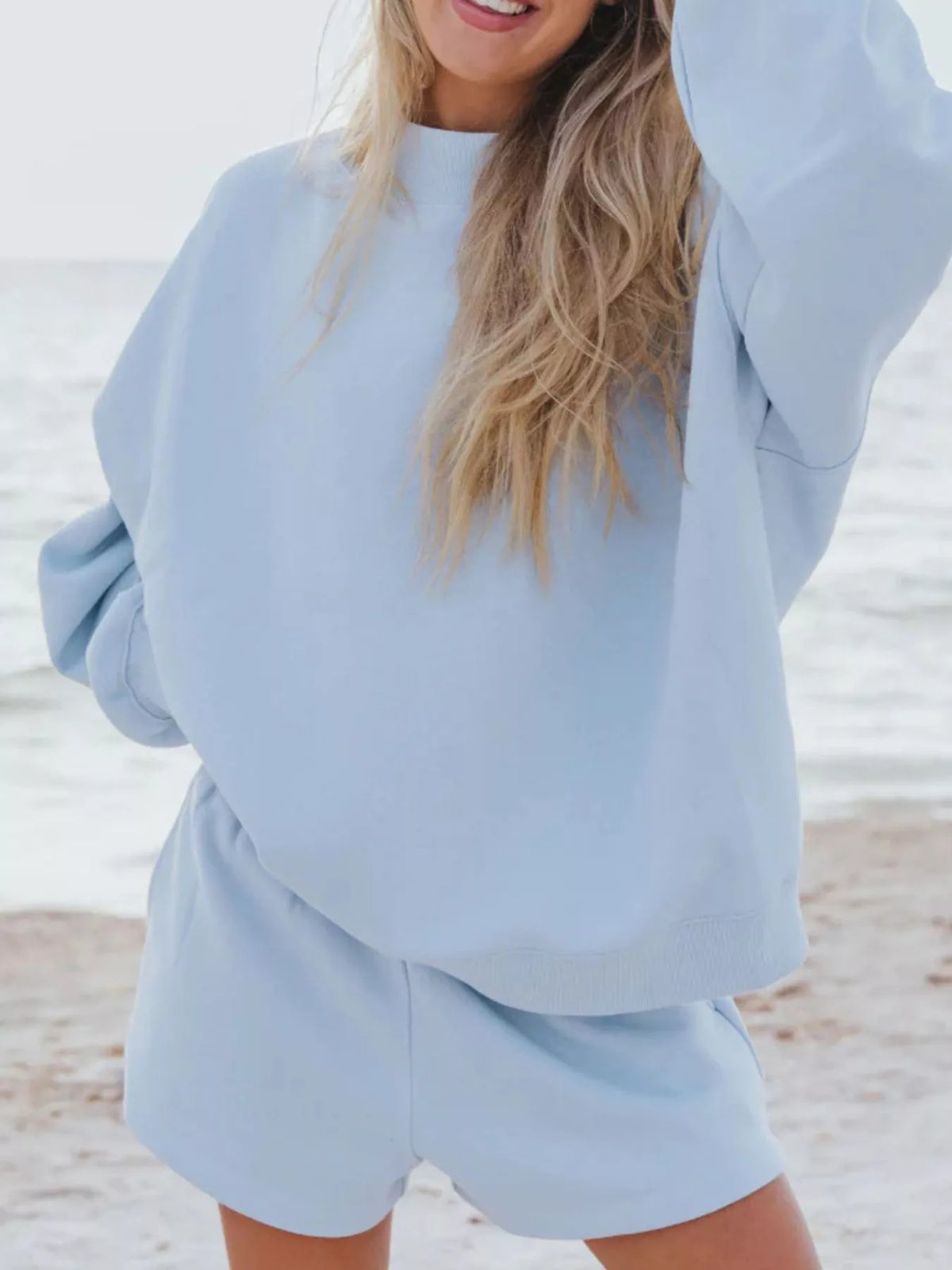 Relaxed Fit Round Neck Sweatshirt and Shorts Set - WYNFLARE