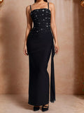 Rhinestone Slit Maxi Dress with Draping Detail - WYNFLARE