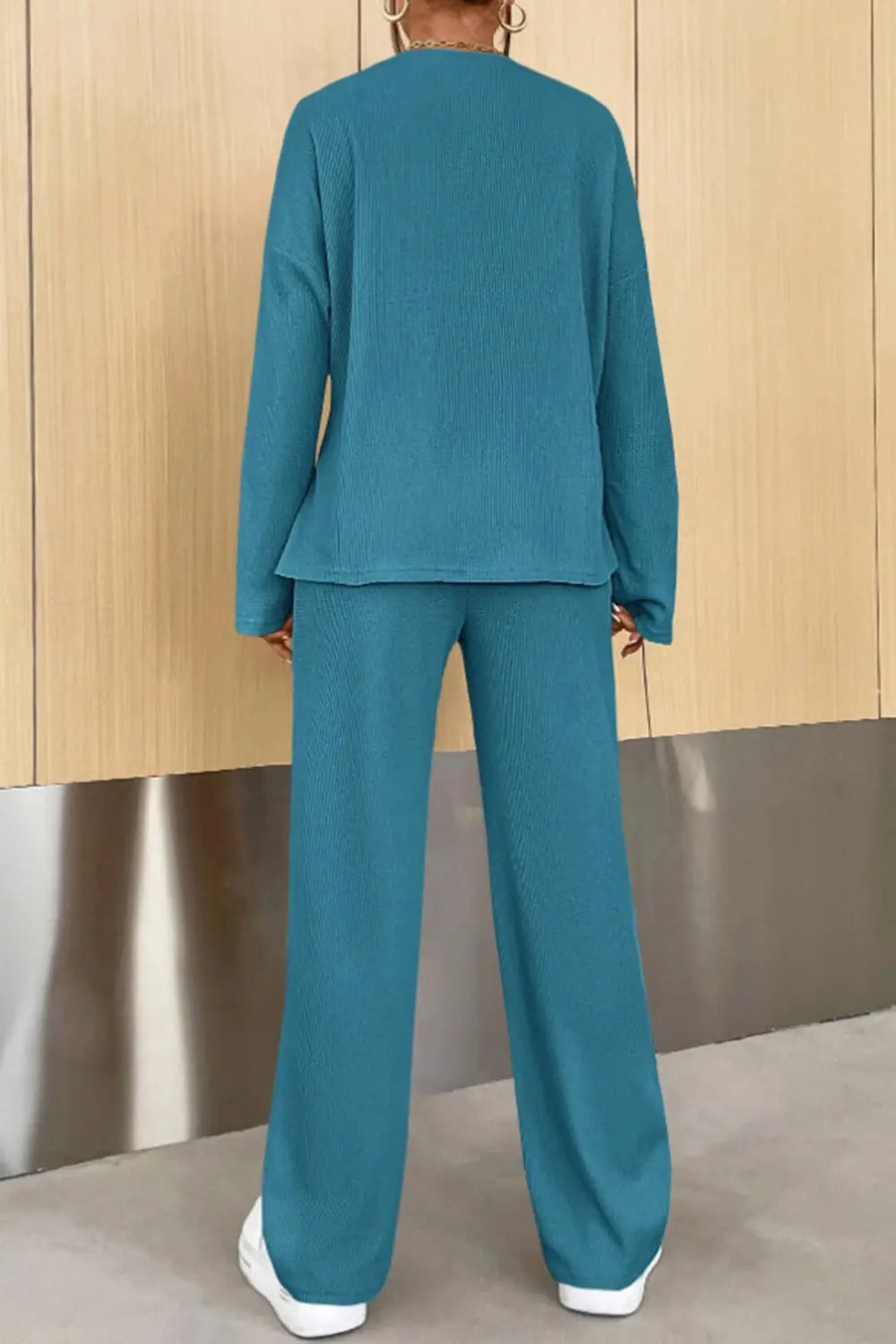 Ribbed Half Button Top and Pants Set - WYNFLARE