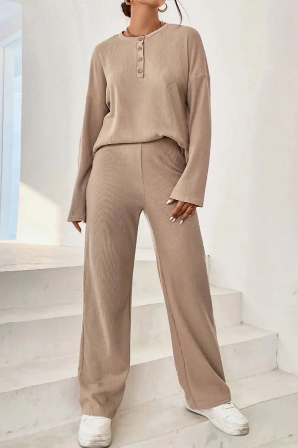 Ribbed Half Button Top and Pants Set - WYNFLARE