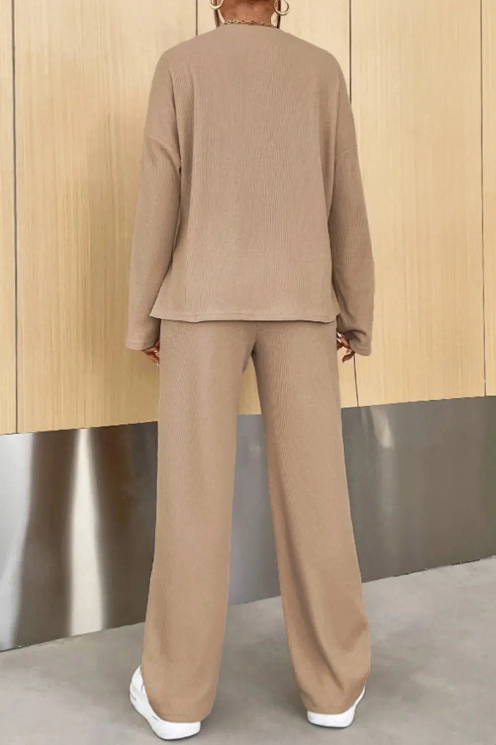 Ribbed Half Button Top and Pants Set - WYNFLARE