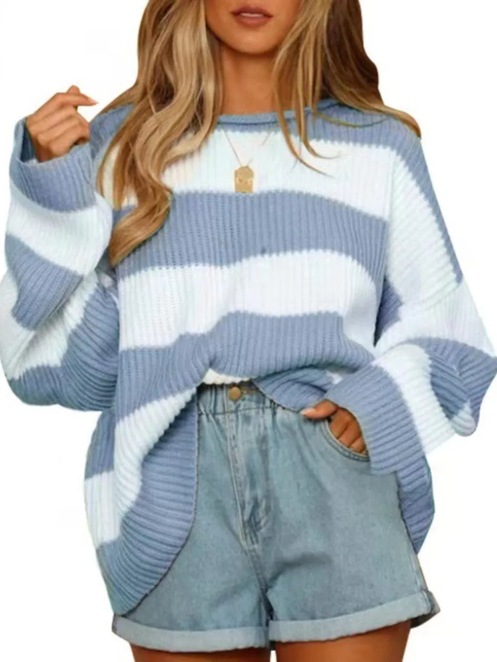 Round Neck Long Sleeve Sweater - WYNFLARE