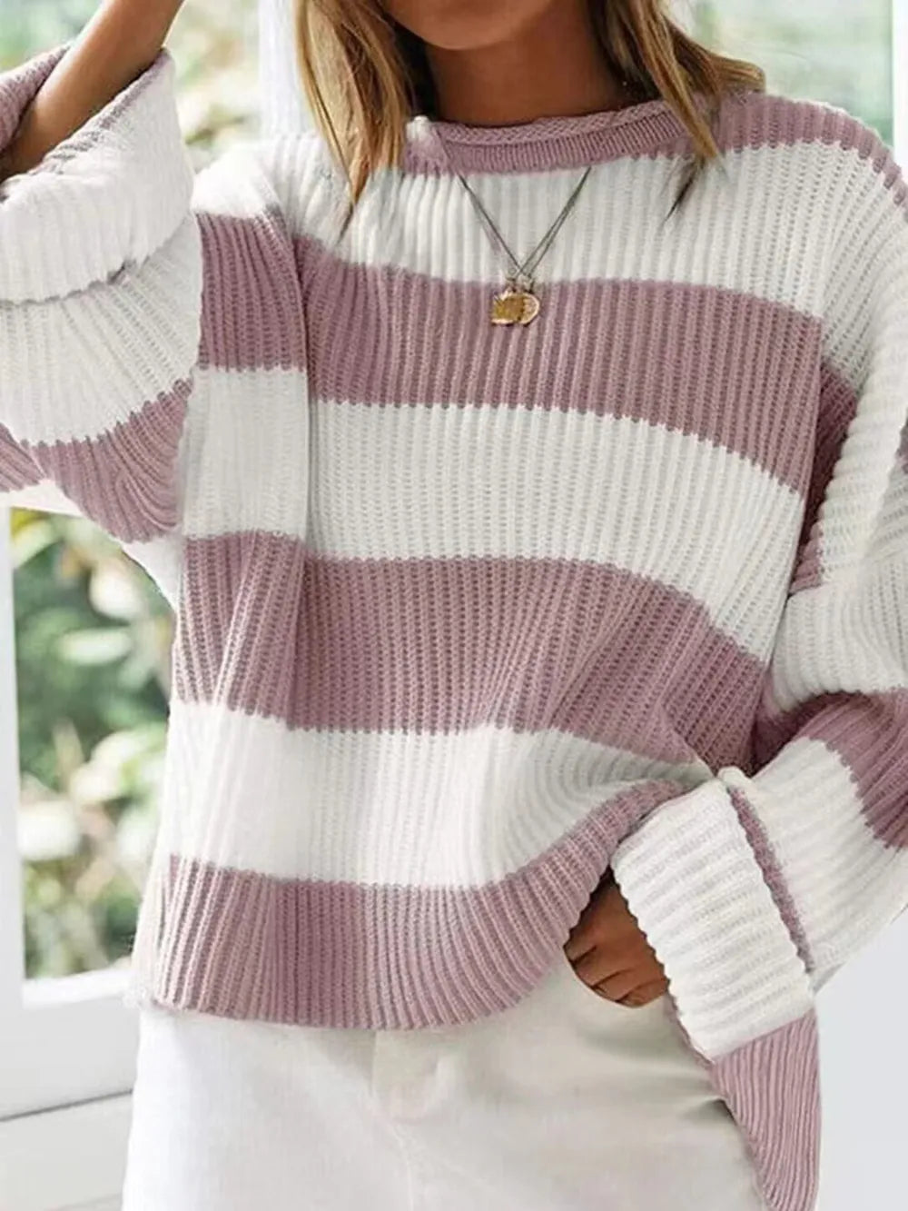 Round Neck Long Sleeve Sweater - WYNFLARE