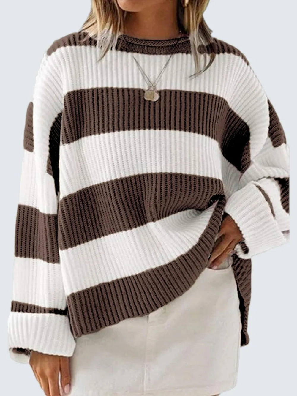 Round Neck Long Sleeve Sweater - WYNFLARE
