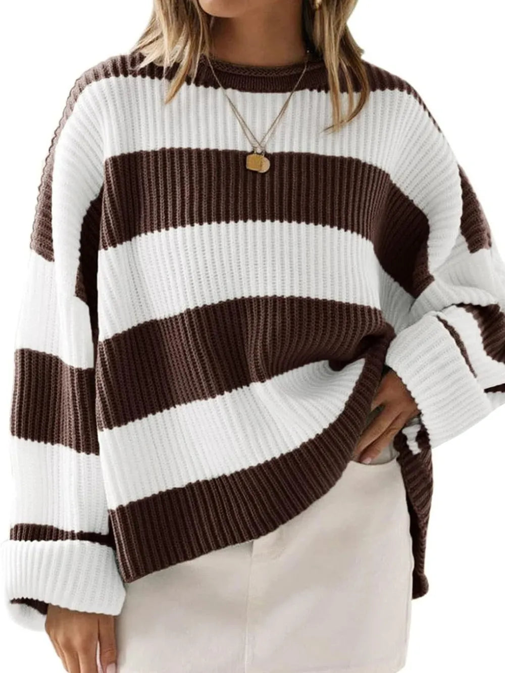 Round Neck Long Sleeve Sweater - WYNFLARE
