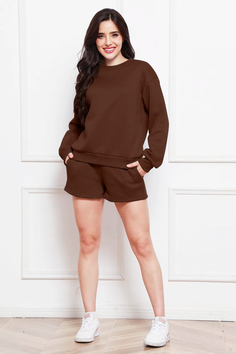 Round Neck Long Sleeve Sweatshirt and Drawstring Shorts Set - WYNFLARE