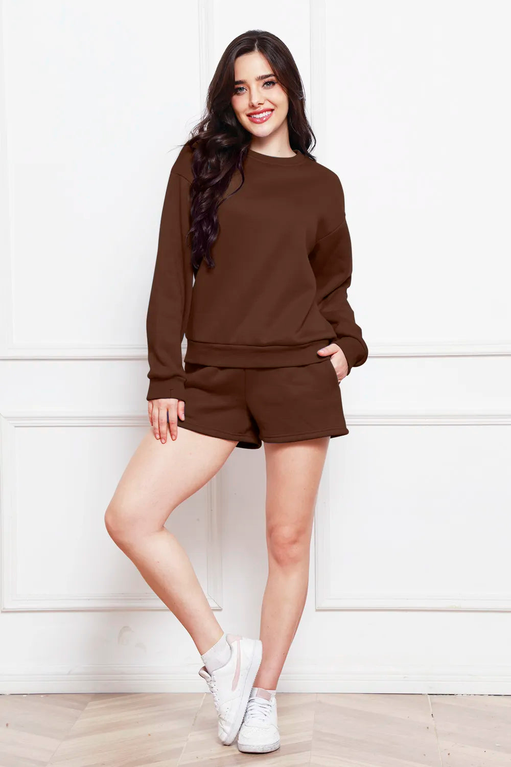 Round Neck Long Sleeve Sweatshirt and Drawstring Shorts Set - WYNFLARE