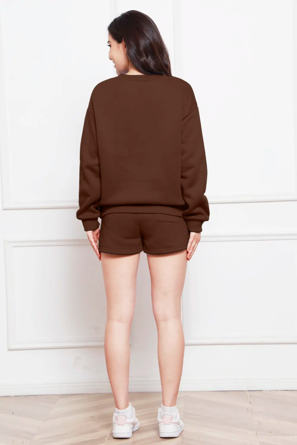 Round Neck Long Sleeve Sweatshirt and Drawstring Shorts Set - WYNFLARE