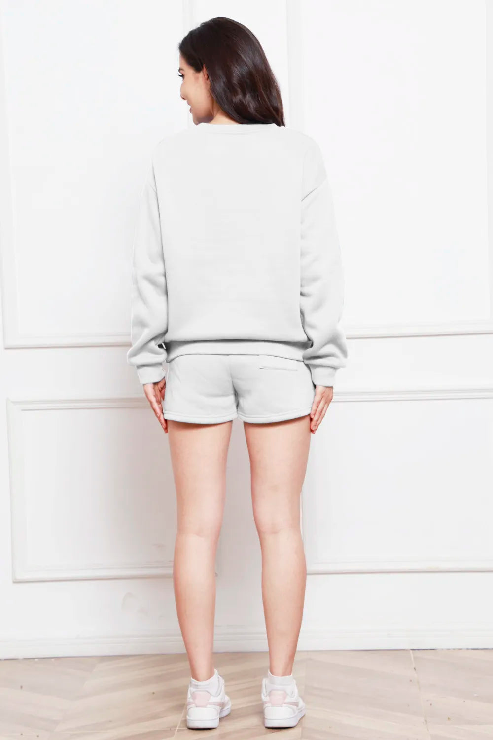 Round Neck Long Sleeve Sweatshirt and Drawstring Shorts Set - WYNFLARE