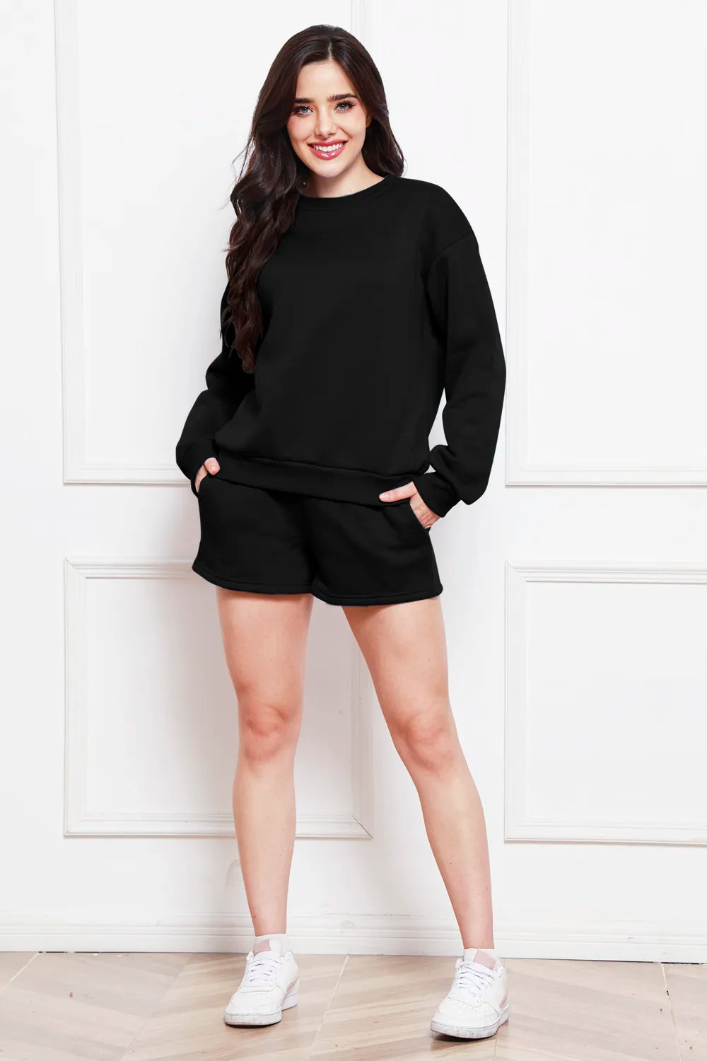 Round Neck Long Sleeve Sweatshirt and Drawstring Shorts Set - WYNFLARE