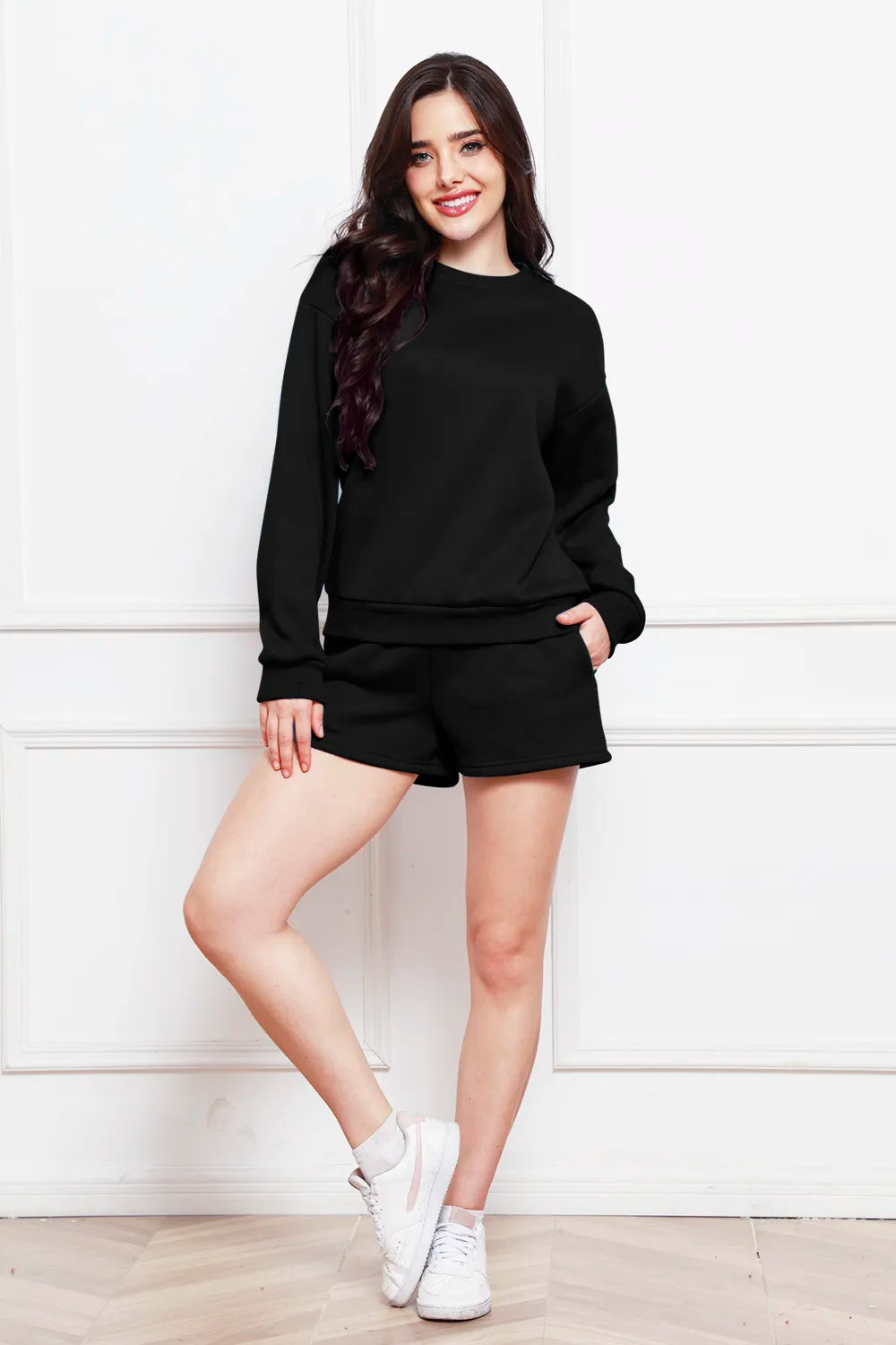 Round Neck Long Sleeve Sweatshirt and Drawstring Shorts Set - WYNFLARE