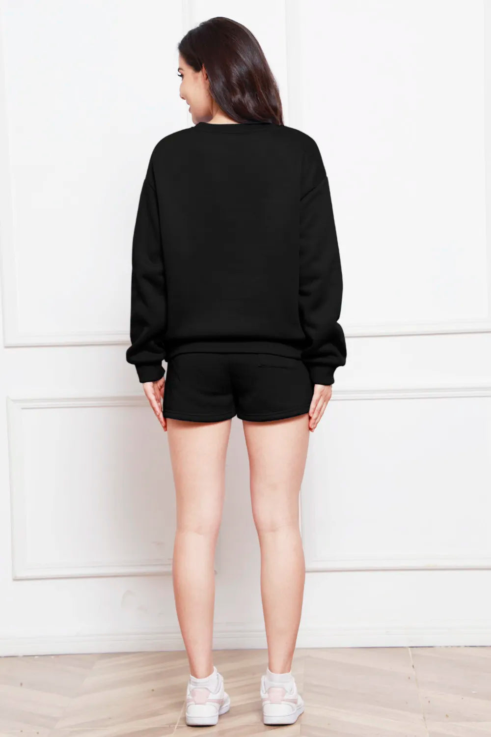Round Neck Long Sleeve Sweatshirt and Drawstring Shorts Set - WYNFLARE
