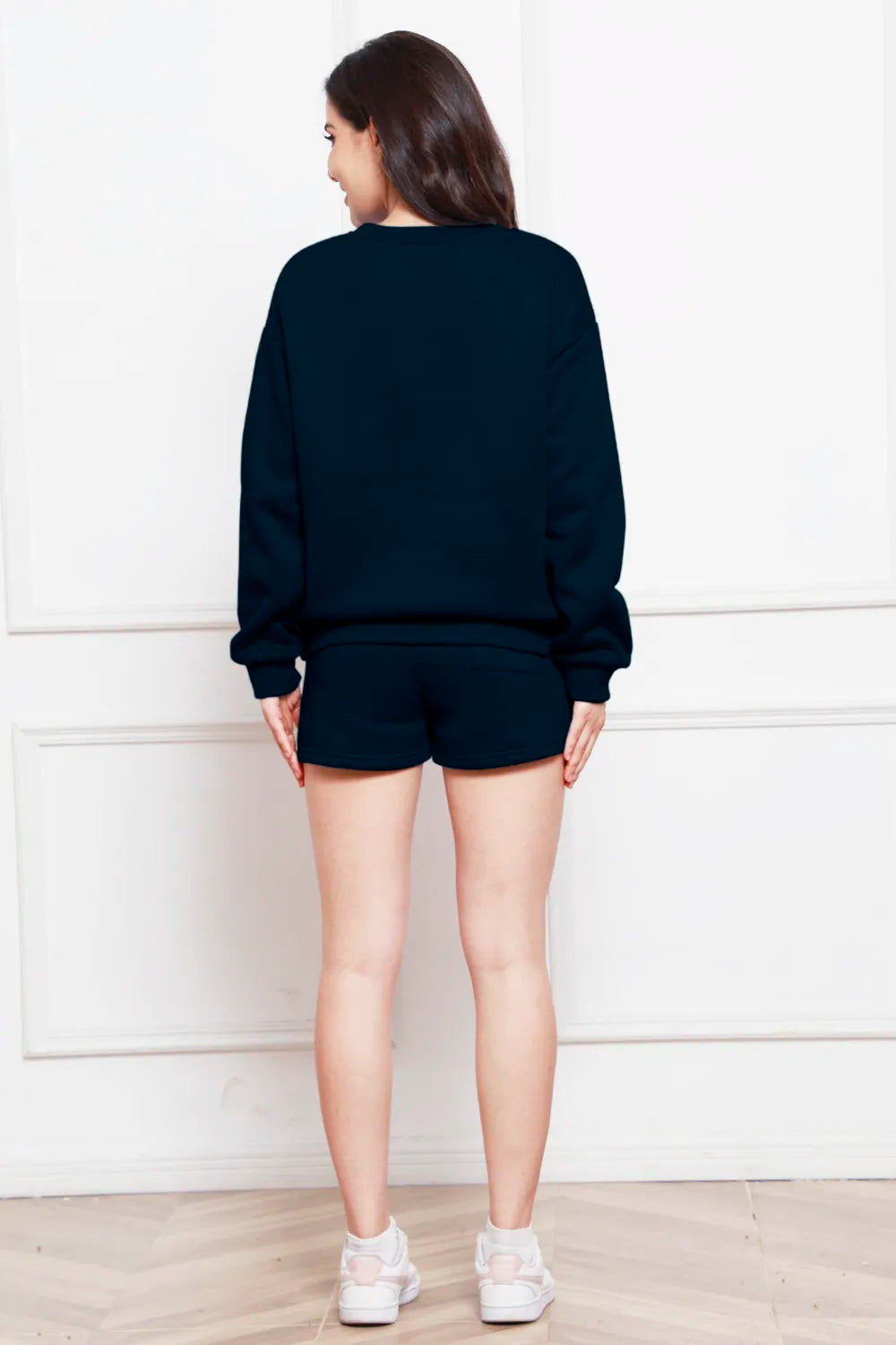 Round Neck Long Sleeve Sweatshirt and Drawstring Shorts Set - WYNFLARE