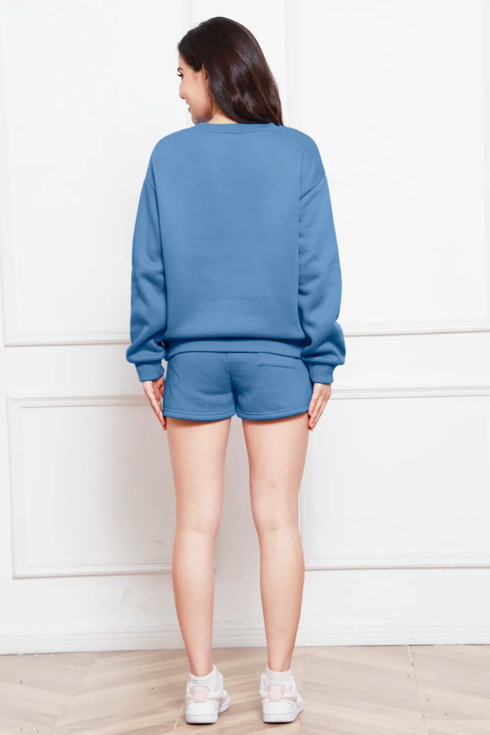 Round Neck Long Sleeve Sweatshirt and Drawstring Shorts Set - WYNFLARE