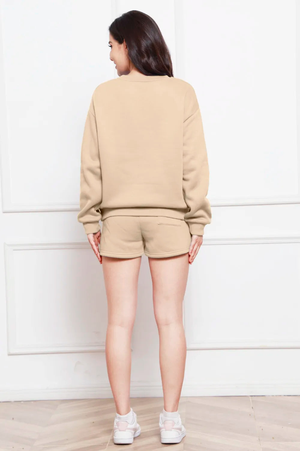 Round Neck Long Sleeve Sweatshirt and Drawstring Shorts Set - WYNFLARE