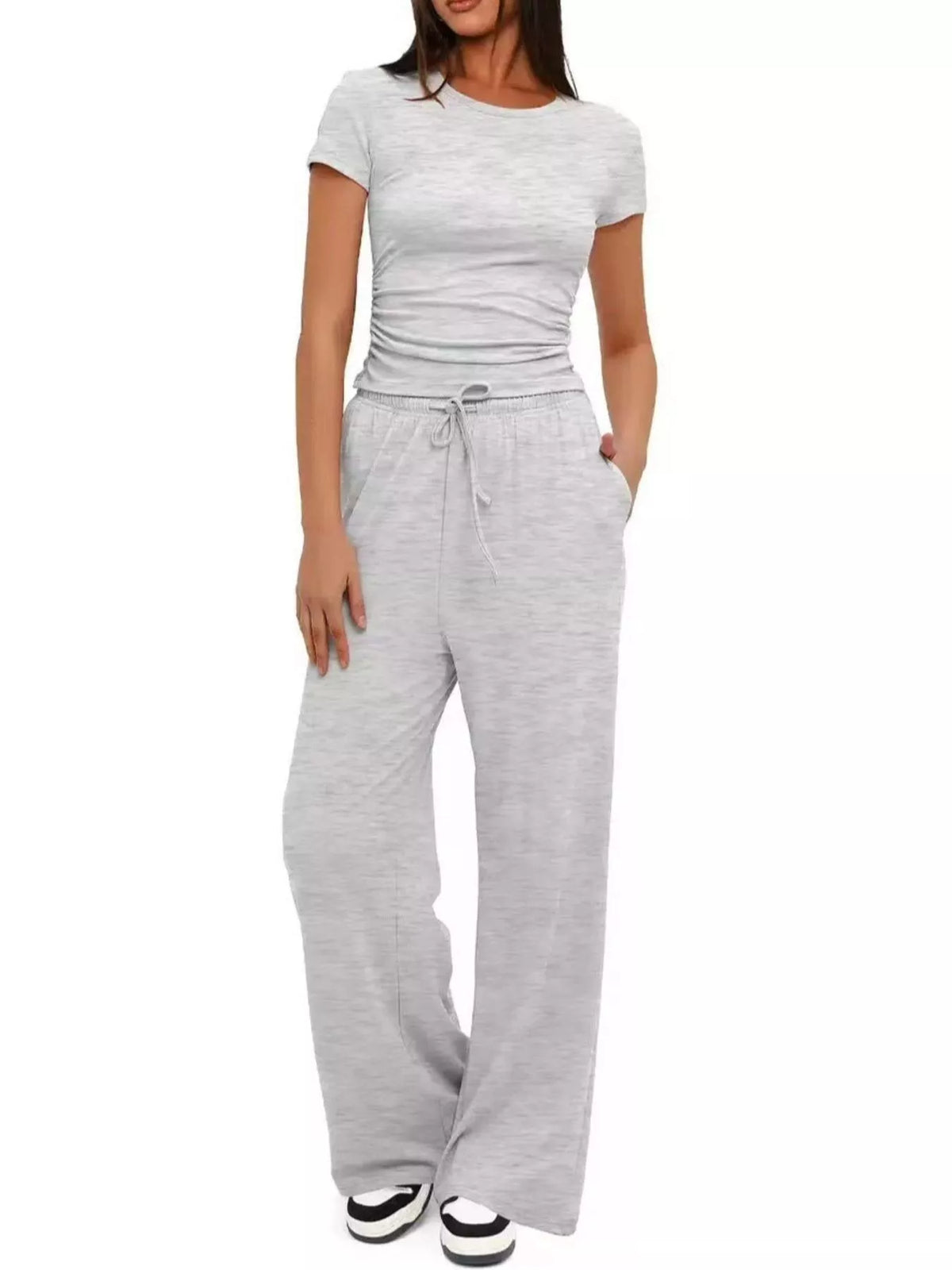 Round Neck Short Sleeve Top and Pants Set - WYNFLARE