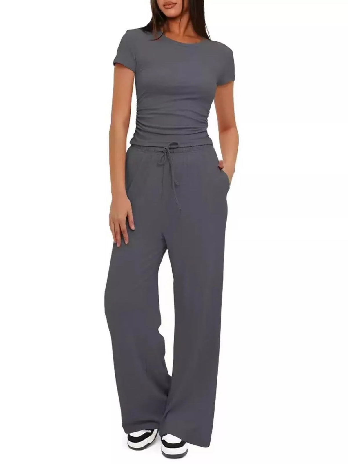 Round Neck Short Sleeve Top and Pants Set - WYNFLARE