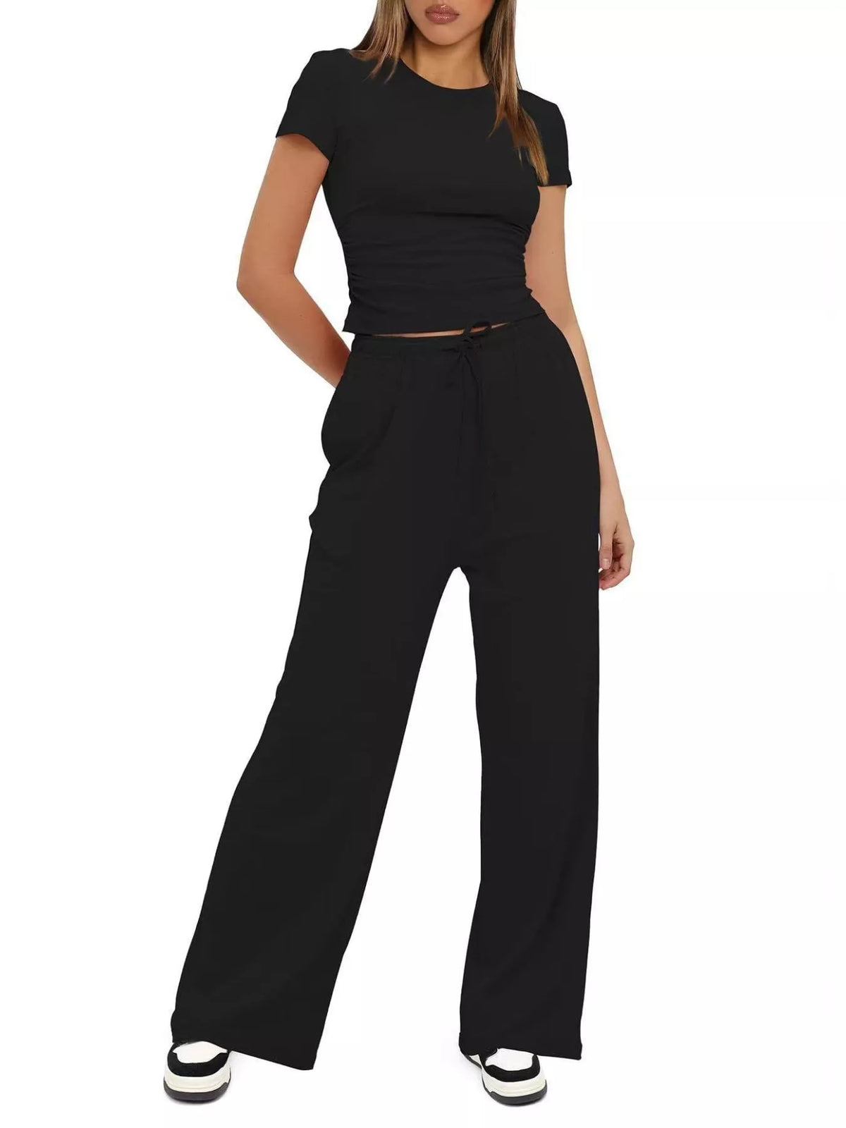 Round Neck Short Sleeve Top and Pants Set - WYNFLARE