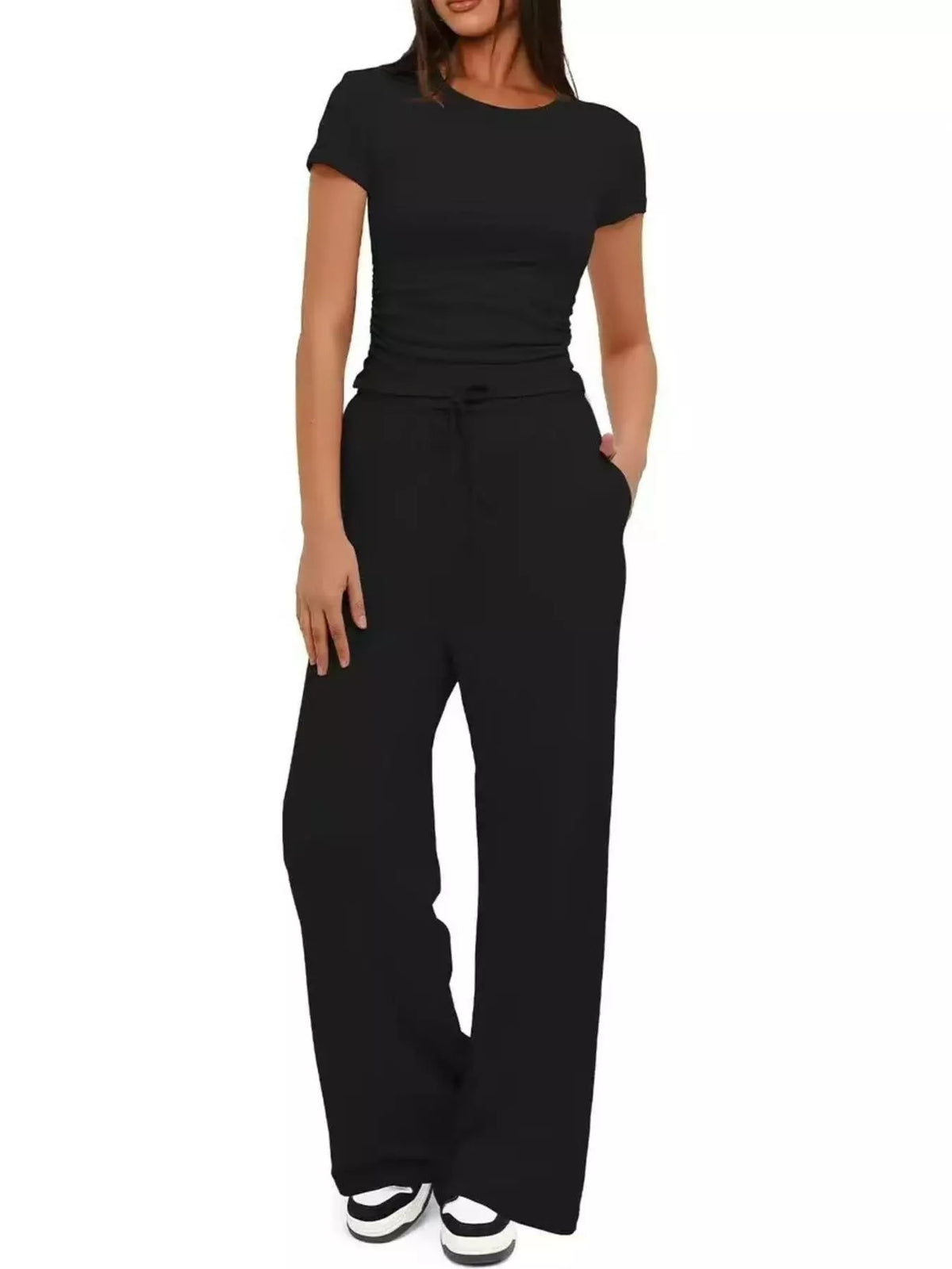 Round Neck Short Sleeve Top and Pants Set - WYNFLARE