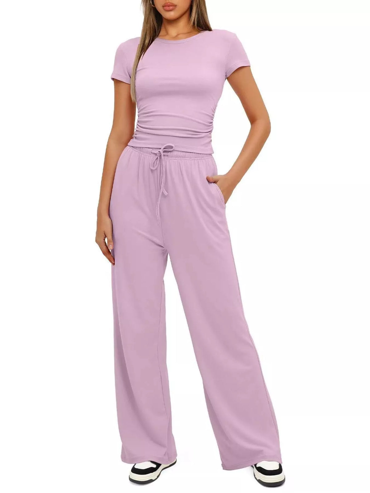 Round Neck Short Sleeve Top and Pants Set - WYNFLARE